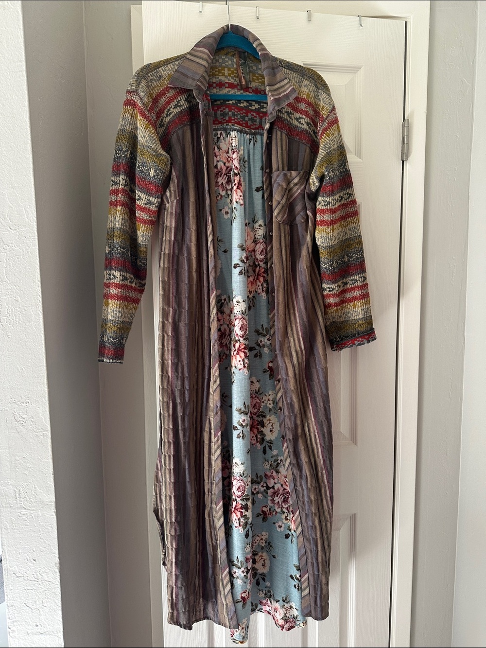 Boho Floral-Panel Maxi Dress in Blue and Multicolor - Picture 2 of 9